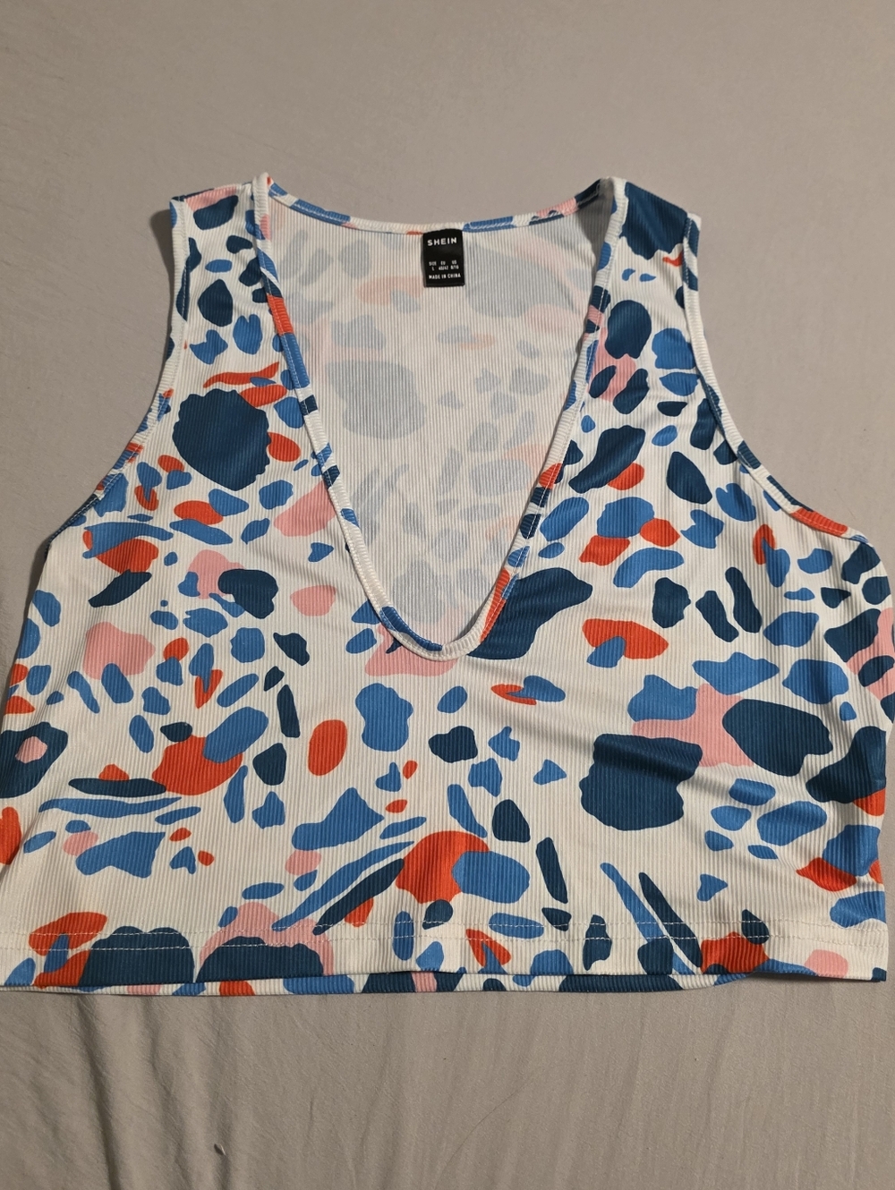 White Crop Tank with Blue Pink and Orange Abstract Spots